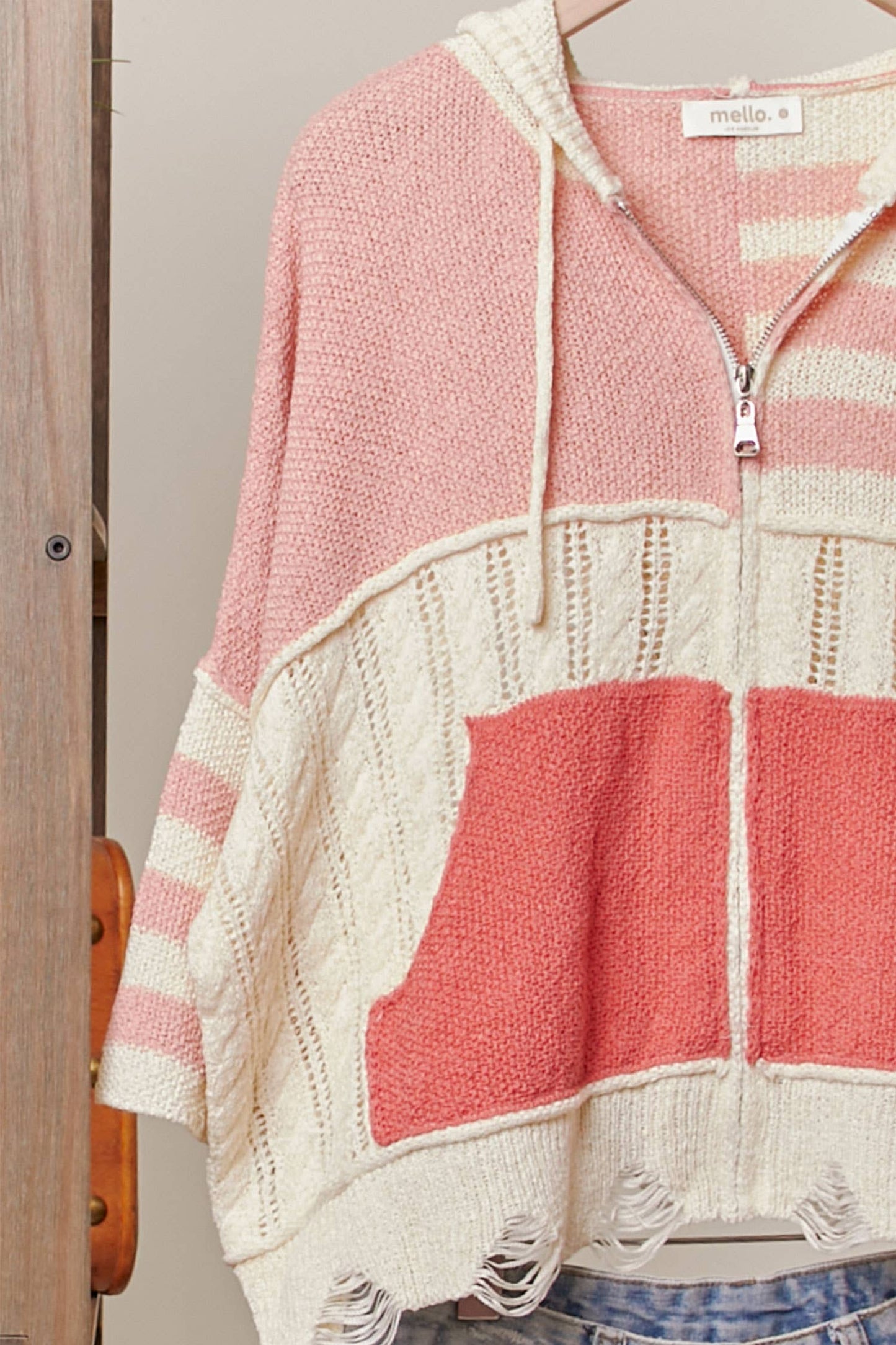 Distressed Knit Full Zip Hoodie