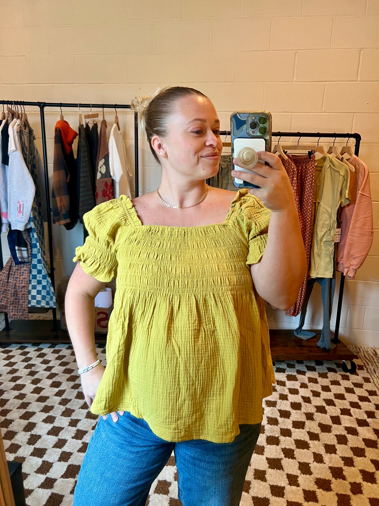 Short Puff Sleeve Square Neck Boho Top