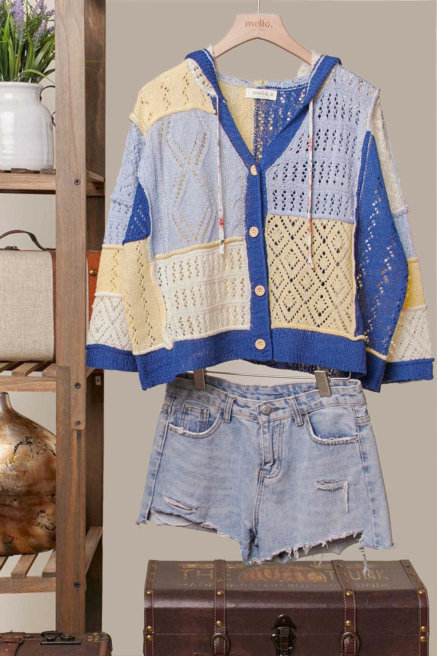 Patchwork Knit Hoodie Cardigan