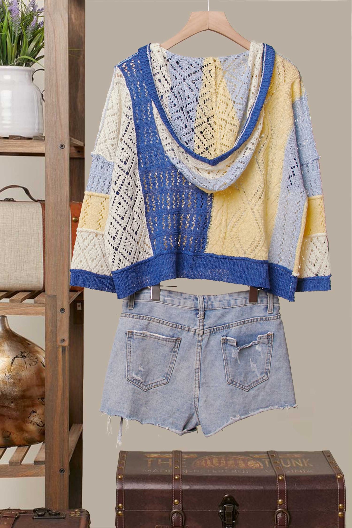 Patchwork Knit Hoodie Cardigan